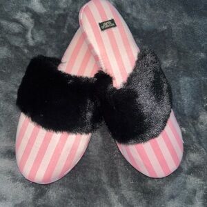 Victoria's Secret Pink Striped Slippers with Black Faux Fur